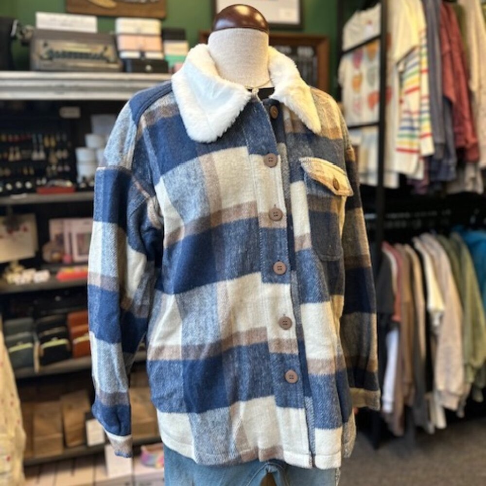 NWT Boutique Dusty Blue Plaid Shacket